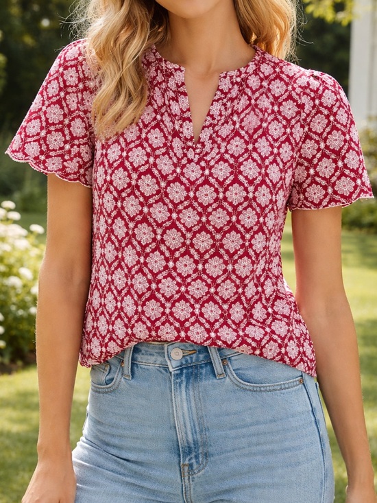 LOFT Tops - NWT LOFT Red Embroidered Split-Neck Flutter Scallop Sleeve 100% Cotton Blouse